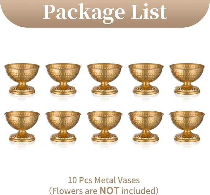 Sziqiqi Gold Urn Vase for Flowers - Wedding Table Decoration Centrepieces Set of 10 Vintage Metal Vases for Artificial Flowers Small Hammered Vase for Birthday Party Christmas Anniversary