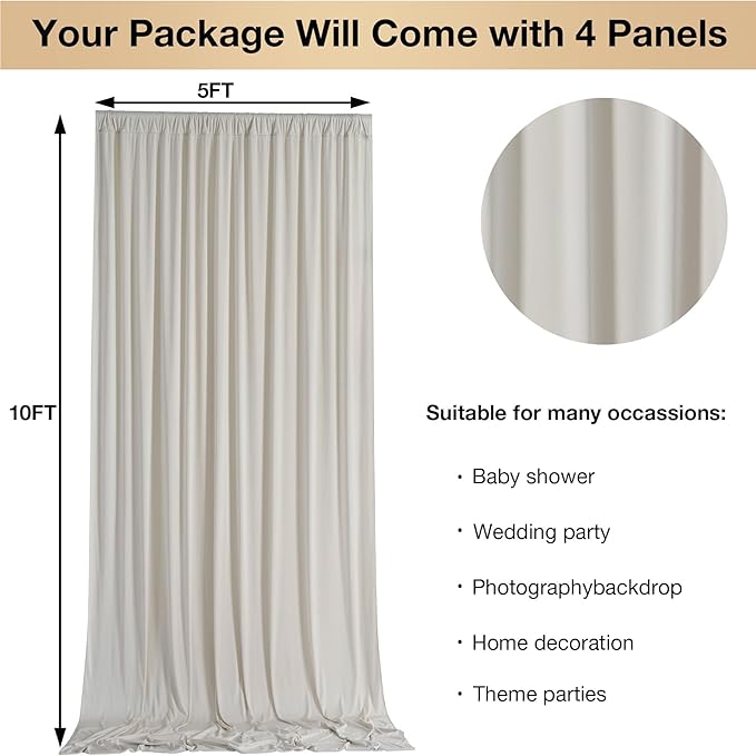 20ftx10ft Wrinkle Free Beige Backdrop Curtains for Parties, Silky Polyester Photo Backdrop Drapes 4 Panels 5x10ft Back Drop Cloth for Wedding Birthday Baby Shower Photography Background
