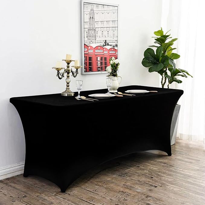 Fixwal 10 Pack 6Ft Black Table Cover, Spandex Fitted Tablecloths Rectangle, Wrinkle-Free and Stretch Folding Table Cloth for Banquet, Wedding, Party, Trade Show