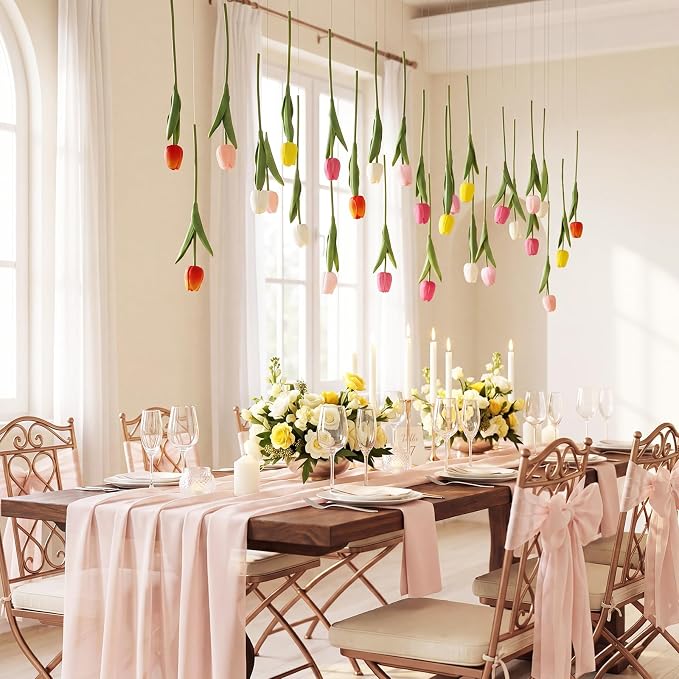12 Pack 6 Colors 5 ft Artificial Tulips Hanging Flower Garland Decorations Spring Summer Dangling Faux Tulip Floral Vine Strings with Hooks for Wall Ceiling Wedding Tea Party