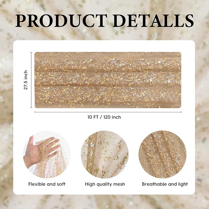 Artoid Mode 6PC Coffee Gold Gauze Table Runner 120 Inch 10FT, Glitter Metallic Foil Sheer Dining Wedding Anniversary Holiday Birthday Table Decor for Home Party