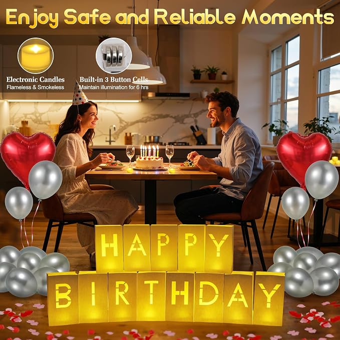 Lewondr Happy Birthday Decorations - Light up Letters with 6H Tea Lights Candles, Latex Balloons, Heart Aluminum Balloons and 2000 Rose Petals, Special Festival, Surprise Gifts Banner for Women & Men