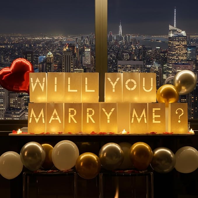 Will You Marry Me Sign - Marry Me Light Up Letters Set with Luminary Paper Bags, LED Tea Light Candles, Red Heart Balloons, Artificial Rose Petals - Proposal and Valentines' Day Decorations