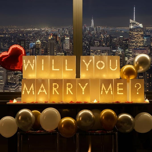 Will You Marry Me Sign - Marry Me Light Up Letters Set with Luminary Paper Bags, LED Tea Light Candles, Red Heart Balloons, Artificial Rose Petals - Proposal and Valentines' Day Decorations