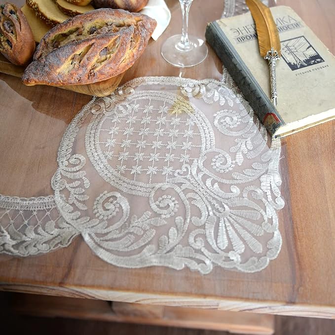 ARTABLE Vinyl PVC Rectangle Tablecloth Waterproof Clear Table Cover with Champagne Lace Macrame Border for Wedding Kitchen Home Outdoor Indoor Holidays Party Decor (Stone, 60 x 84 Inch)