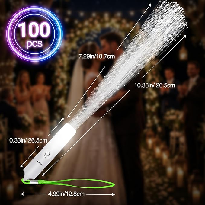 100Pcs White Fiber Optic Wands, Led Cold Sparklers Wedding Send Off Ideas, 3 Flashing Modes Wedding Glow Sticks for Reception, Light up Wands, Fiber Optic Lights for Party Favor