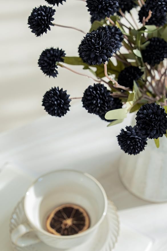 Laelfe Black Kiku Artificial Flower - 5 Pcs Fake Pompon Mums Silk Small Chrysanthemum Faux Ball Flower Stem Decor for Home Wedding Filler DIY Bouquet Centerpieces Arrangements Shower(Black)