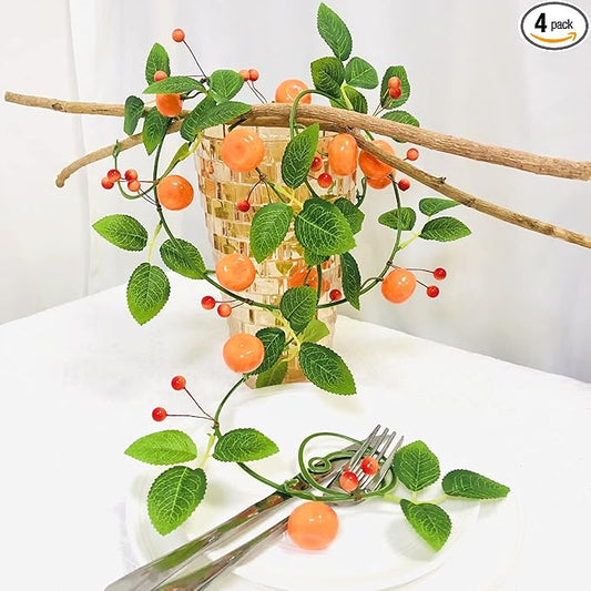 Artificial Fruit Tangerine Oranges Hanging Vines Plant Garland Artificial Berries Kumquat Wreath for Home Garden Wedding Party Decor (Tangerine Vine, 4 Pack)