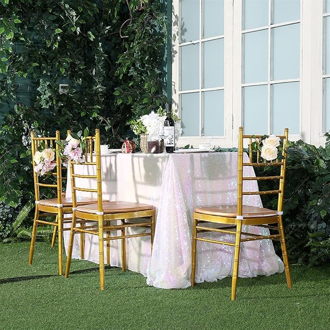 Eternal Beauty White Iridescent Tablecloth, 90x156 Inch Sequin Rectangle Table Cover for Cake Dessert Exhibition Party Birthday Events