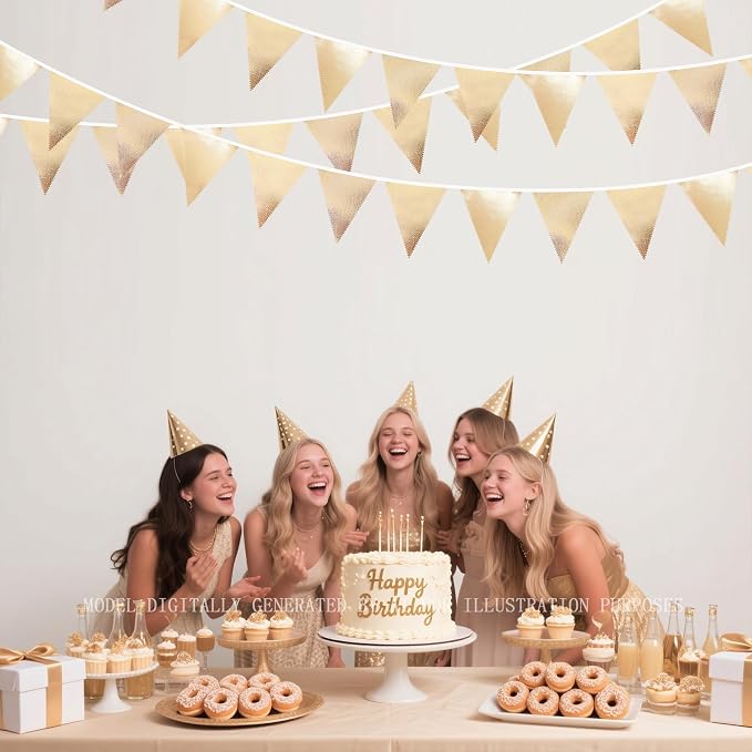 Champagne Gold Party Decoration Metallic Fabric Triangle Pennant Banner Flag Bunting Garland for Birthday Engagement Bridal Shower Wedding Anniversary Graduation Bachelorette Party Decoration Supplies