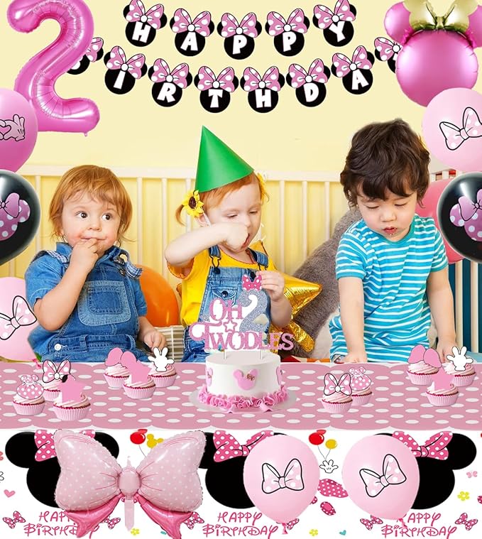 Pink 2nd Birthday Party Supplies, Oh Twodles Girl Second Party Decorations Includes Happy Birthday Banner, Hanging Swirls, Tablecloth, Cake Cupcake Toppers, Bow Foil Balloon, Latex Balloons