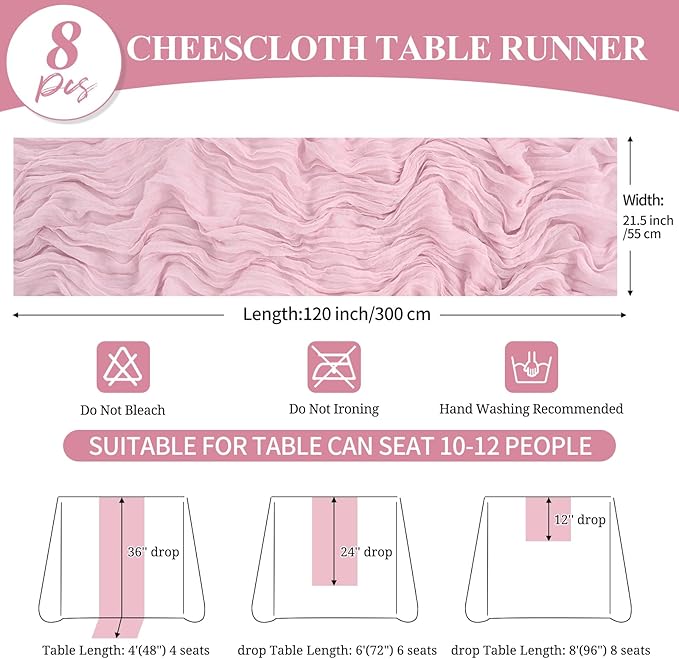 8 Pack 10Ft Cheesecloth Table Runner Light Pink, 20 x 120 Inch Rustic Gauze Boho Cheese Cloth Wedding Long Table Runner for Wedding Party Bridal Shower Decoration