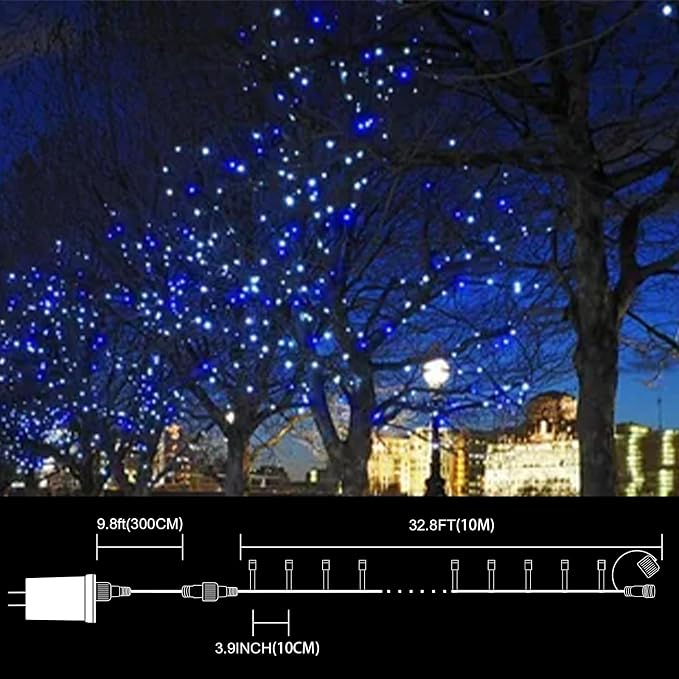 33FT 100 LED Blue White String Lights, 16 Modes Plug In Mini Fairy Lights, Waterproof Outdoor Christmas Lights for Hanukkah, July 4th Patriotic Decor, Xmas Tree Garland Bedroom Ocean Party Decoration