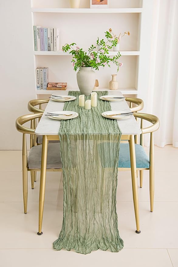 6 Pack Sage Green Cheesecloth Table Runner 21x120 Inch Boho Wrinkled Sheer Romantic Gauze Decor for Wedding, Bridal Shower, Birthday Party