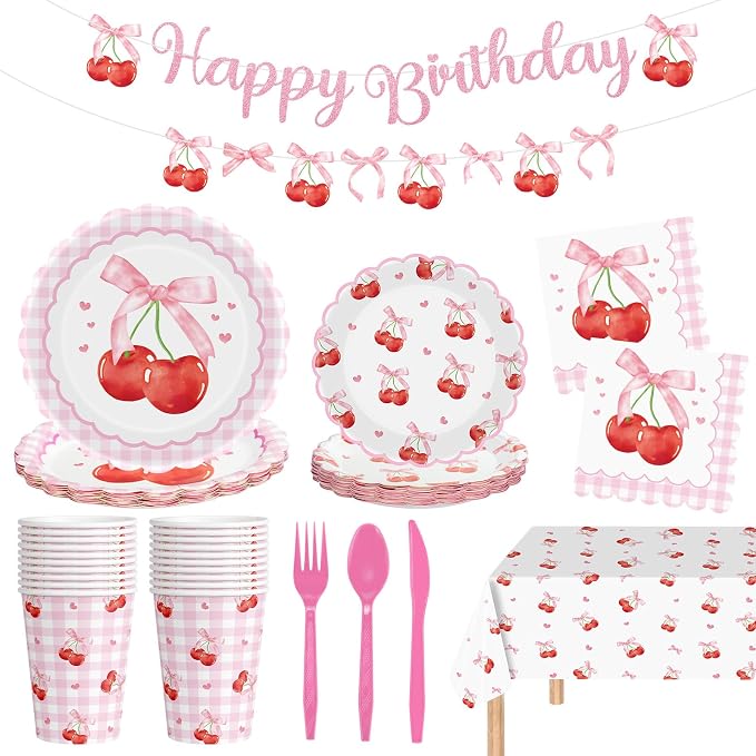 170 Pcs Cherry Birthday Decorations - Pink Bows Party Supplies Set, Happy Birthday Banner, Scalloped Paper Plates Napkins Cups, Plastic Tablecloth, Flatware for Coquette Cherry Bday Party Decoration