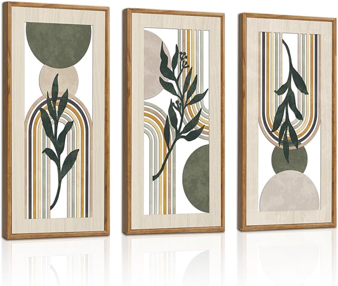 HPNIUB 3 PCS Minimalist Sage Green Wall Decor, Boho Geometric Line Hanging Wood Sign for Living Room, 8x16Inch Modern Bohemian Botanical Leaf Wooden Plaque for Apartment Bedroom Office Decoration