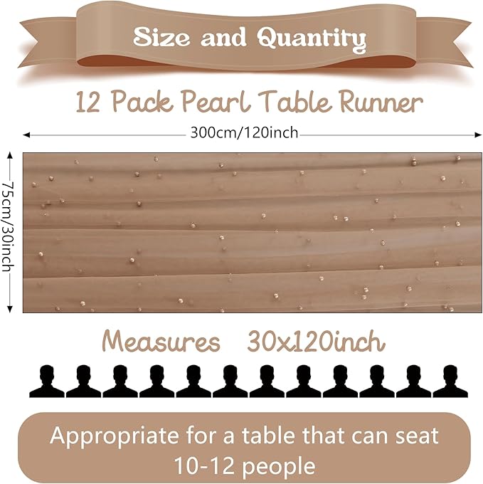12 Pack 10FT Pearl Table Runner 30x120 Inch Nude Brown Tulle Fabric Boho Rustic Sheer Table Runners Lace Table Cloth for Wedding Bridal Shower Birthday Party Arch Veil Dessert Table Decor (Nude Brown)