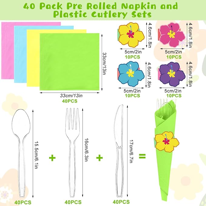 200 Pcs Pre Rolled Summer Floral Napkin Cutlery Set Disposable Colorful Plastic Cutlery Set with Knives Forks Spoons Napkins Napkin Rings for Summer Hawaiian Luau Floral Hibiscus Party Supplies