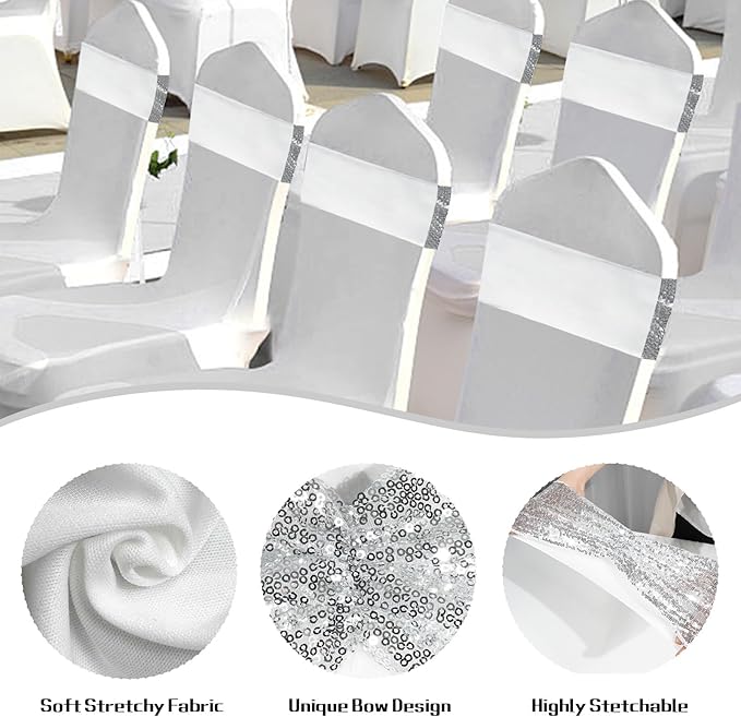 SquarPie Pack of 10 Chair Sashes Bands Silver Stretch Spandex One-Sided Sequin Bows for Wedding Party Fiesta Decor