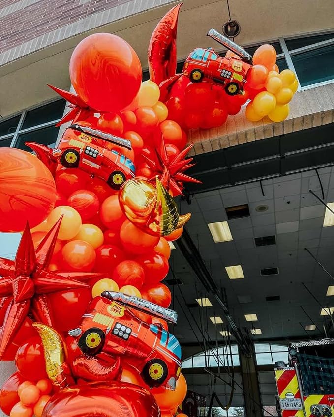 Fire Balloon Garland Arch Kit, 144pcs Red Yellow Chrome Gold Balloons with Fire Truck Foil Balloons for Fireman Party Supplies Birthday Firefighter Rescue Themed Party Decoration (Fire)