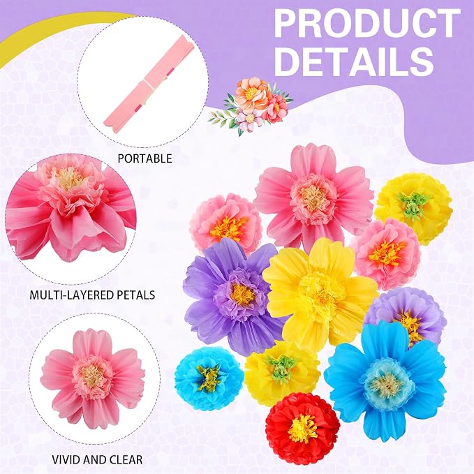 Crowye 12 Pcs Large Colorful Tissue Paper Flowers Decorations Giant Fiesta Craft Crepe Paper Flowers for Wall Decor Backdrop Mexican Wedding Birthday Carnival Party (10'' 20'',Cute Color)