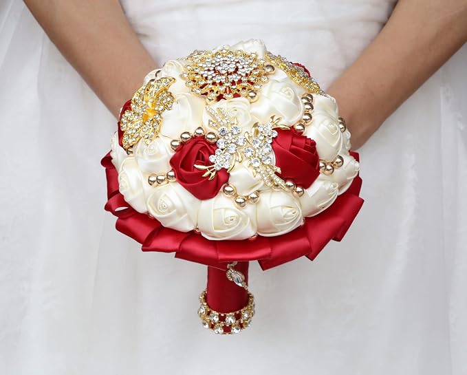 Bridal Wedding Bouquet Luxury Gold Rhinestone Brooch Bouquet for Bride Bridesmaid Quinceanera Artificial Satin Rose Flower Bouquet Wedding Burgundy and Ivory 7.1in