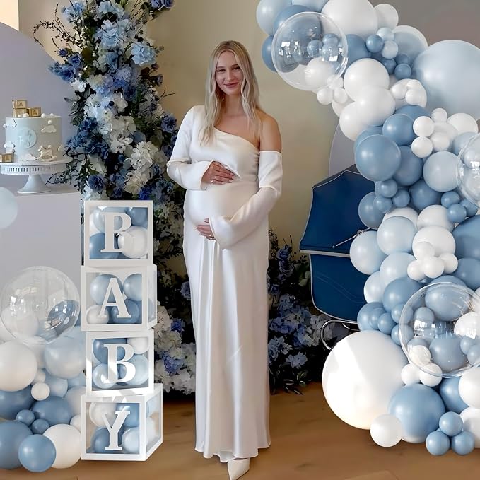 Dusty Blue Balloon Baby Shower Decorations for Boy, 140Pcs Blue Balloon Arch Garland Kit Baby Boxes with Letters for Boy Boho Baby Shower Gender Reveal Birthday Party Decorations