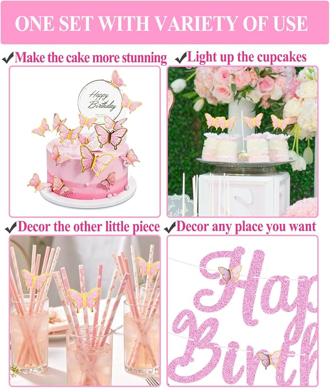Butterfly Birthday Decorations Party Supplies with Pre-strung Happy Birthday Banner,Flower Garland,Cake Cupcake Toppers,Hanging Swirls, Paper Fan Spring-themed Decor Pack for Women Girls (Pink)