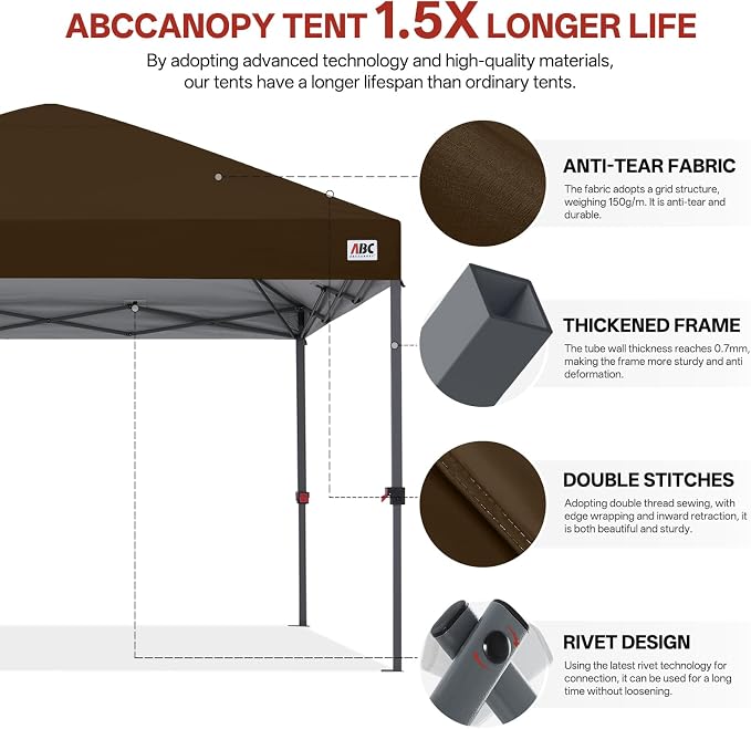 ABCCANOPY 10x10 Pop Up Canopy Tent, Easy Setup Instant Shelter with Wheeled Bag, Heavy Duty Outdoor Canopy for Beach, Market, Backyard, UV Protection, Outdoor Weather Protection (Brown, 10x10)