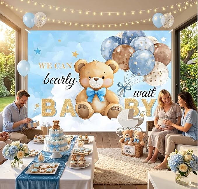 Bear Baby Shower Backdrop 7x5FT, We Can Bearly Wait Party Banner, Watercolor Sky Blue Balloons Bear Theme Background, Baby Shower Decoration for Newborn Photo Props Props