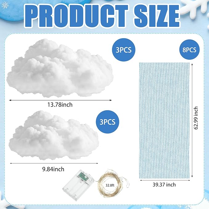 VioraWhite 15 Pcs Blue Sky White Cloud Ceiling Decor, 8 Pcs 60x12 ft Blue Sky Backdrop, 6 Artificial Cloud 3D Cotton for DIY Classroom Hanging Ornament Birthday Wedding Nursery Room with Light String