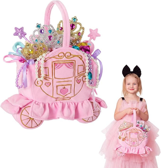 Bucherry Princess Party Gift Basket Plush Princess Carriage Embroidered Basket Pink Soft Treat Candy Goodie Bag for Girl Themed Birthday Party Stuffers