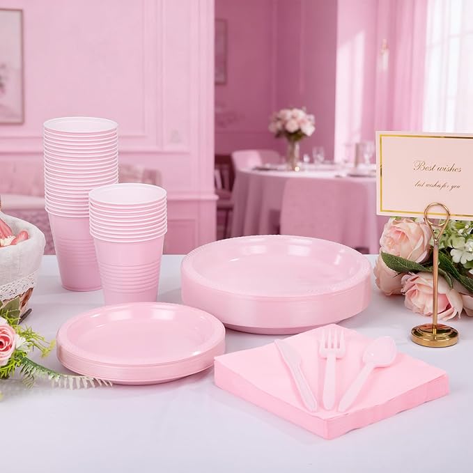 WELLIFE 210 PCS Pink Plastic Plates for 30 Guests - Disposable Dinnerware Set Including Dinner Plates, Dessert Plates, 12oz Cups, Cutlery & Napkins, Pink Party Plates