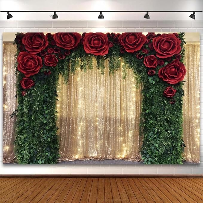 12x6ft Golden Glitter Backdrop for Photography Red Rose Green Leaves Arch Gold Sequin Photography Background for Wedding Anniversary Engagement Party Decoration Supplies Portrait Photo Booth Props