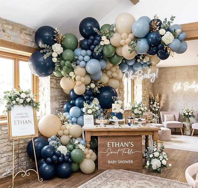Double Stuffed Navy Blue & Sage Green Balloon Garland Arch Kit, Multi-size Matte Dusty Blue Sand Latex Balloons for Baby Shower,Gentleman Theme Party,Birthday,Bridal Wedding,Graduation