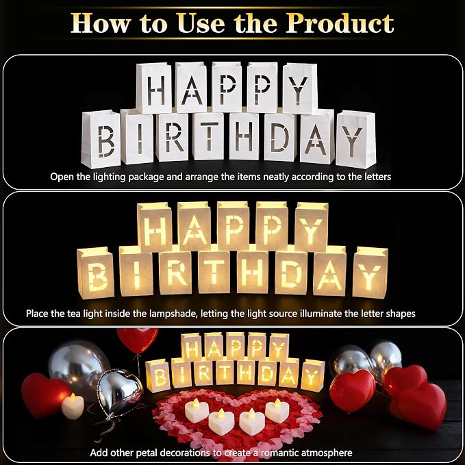 Happy Birthday Decorations, Happy Birthday Decoration for Men Women, Happy Birthday Light up Sign with 48pcs Tea Candles, 20pcs Latex Balloons, 10pcs Aluminum Balloons, 2000pcs Rose Petals