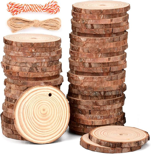 Philorn Wood Slices 50 Pcs 2.4-2.8 Inches Wood Discs for Crafts Unfinished Predrilled Natural Wood Slices Ornaments with Hole for DIY Christmas Crafts Ornaments Wedding Decorations Arts