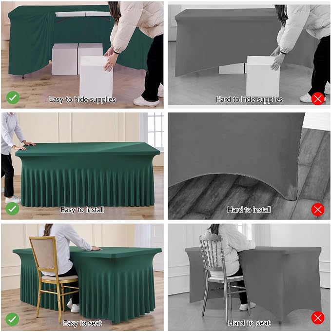 Hunter Green Spandex Table Clothes for 6 Foot Rectangle Tables, 2 Pack Wrinkle Free Rectangle Table Cloth 6ft Stretch Fitted Tablecloths with Skirt for Parties Weddings Birthday Banquet Baby Shower
