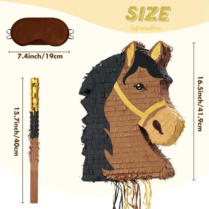 WERNNSAI Horse Piñata - Brown Horse Party Decorations Hanging Cowboy Piñata with Blindfold and Bat Western Cowboy Party Favors for Kids Boys Classroom Activities Kentucky Derby Games