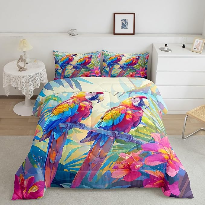 jejeloiu Parrot Comforter Set Toddler Kids Blossom Flowers Floral Pattern Bedding Set for Boys Girls Woodland Bird Animals Palm Leaf Nature Theme Duvet Quilt Room Decor