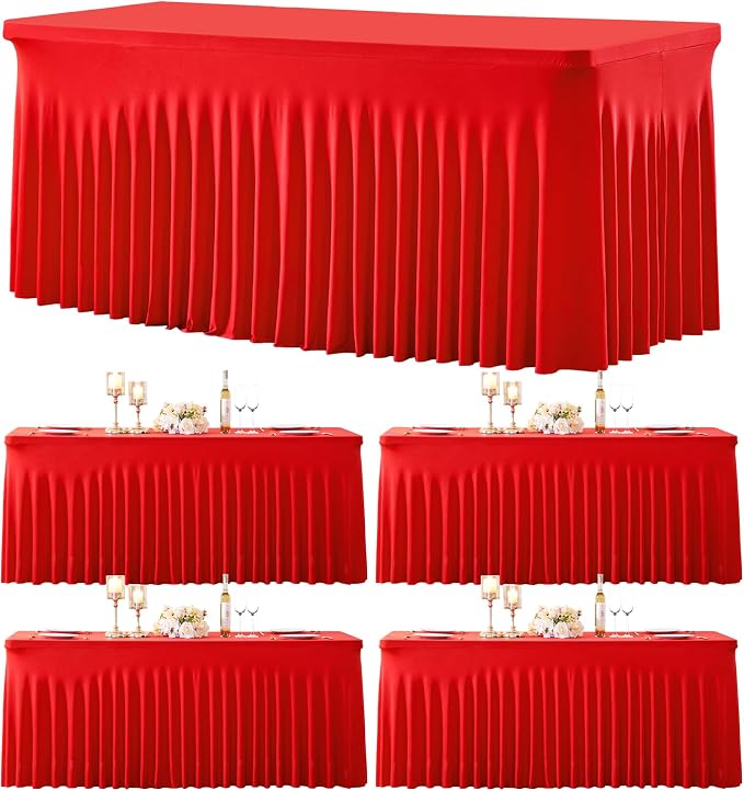 gogoparti 4 Pack Spandex Red Fitted Table Cloth for 8ft Rectangle Tables Red Stretch Tablecloth Table Covers Skirt Banquet Wrinkle Free Tablecloths for Parties Wedding