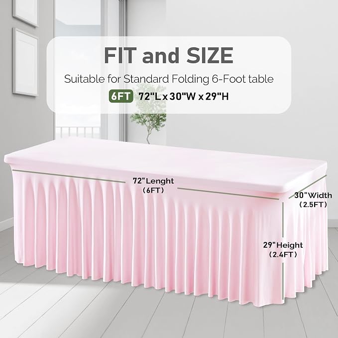 1 Pack Pink Table Clothes for 6 Foot Rectangle Tables, One-Piece Wrinkle Resistant Stretch Spandex Table Covers with Skirt for Event Banquet Wedding Birthday Party