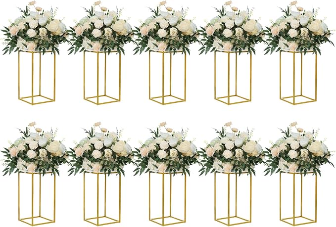 YALLOVE 10 Pcs 15.75" Gold Wedding Flower Stand Metal Vase Column Stand Geometric Centerpiece Vase for Home Party Wedding Decorations, Rectangular Flower Display Rack