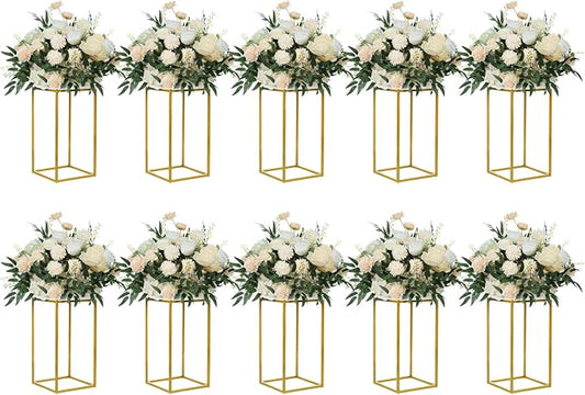 YALLOVE 10 Pcs 15.75" Gold Wedding Flower Stand Metal Vase Column Stand Geometric Centerpiece Vase for Home Party Wedding Decorations, Rectangular Flower Display Rack