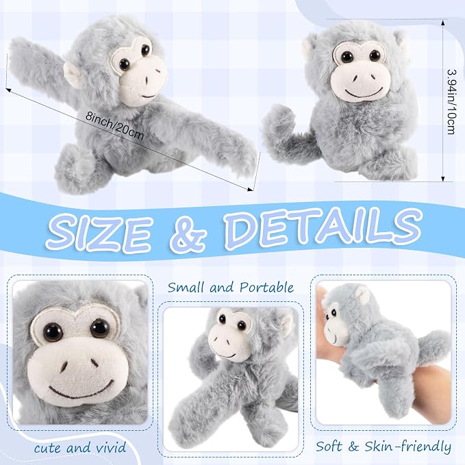 Liliful 8 Pack Kids Plush Gifts Stuffed Animal Cat Slap Bracelets - 8 Inch Back to School Prize Box Toys Wrist Cute Snap Birthday Rewards for Boys Girls Child Pet Adoption Party Favors(Monkeys)