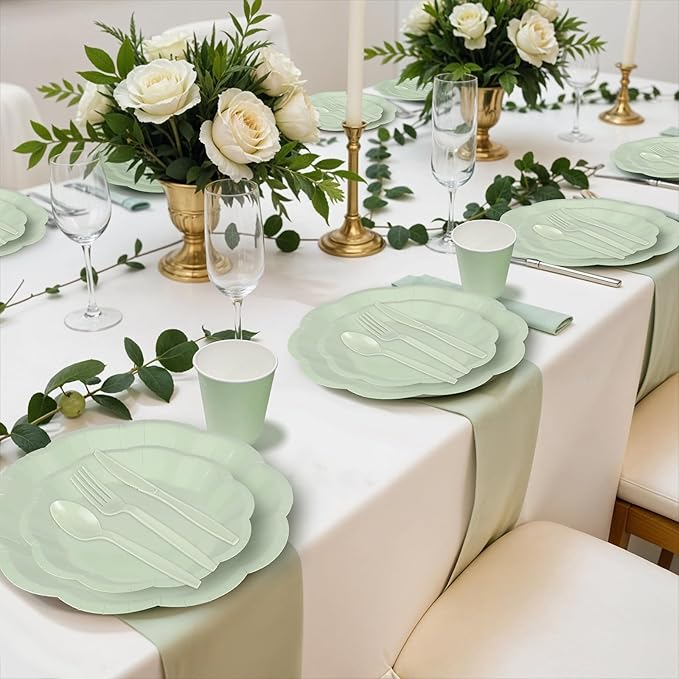 NatNarr 350 Pcs Sage Green Party Paper Plates and Napkins Set Include 9" Dinner Plates & 7" Dessert Plate Disposable Scalloped Tableware Serve 50 Guest for Wedding Baby Shower Bridal Shower Birthday