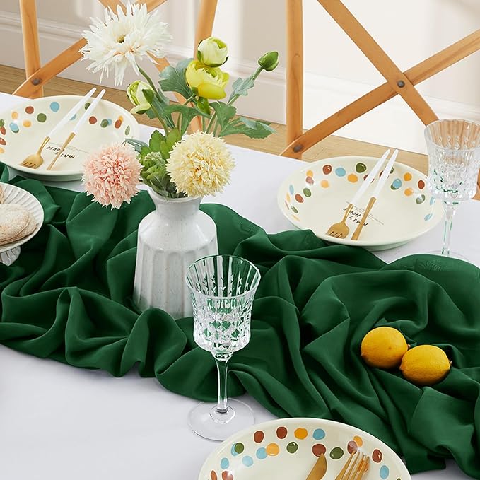 Horbaunal Dark Green Chiffon Table Runners 10FT Sheer Chiffon Runner 29x120 Inches Romantic Boho Rustic Table Runner for Wedding Party Bridal Baby Shower Table Decorations