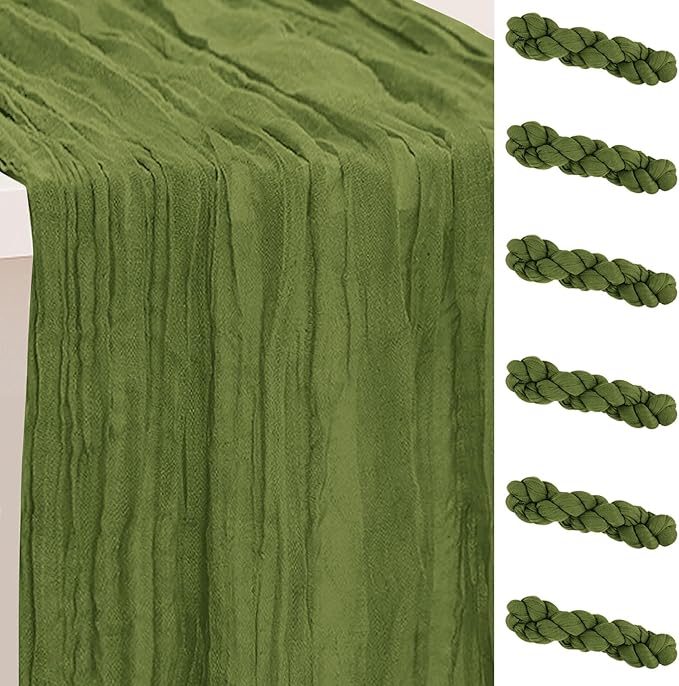 6 Pack Olive Green Cheesecloth Table Runner 35x120 Inch 10Ft Rustic Gauze Cheese Cloth Table Runner Sheer Cheesecloth Table Runners for Wedding Party Bridal Shower Decoration