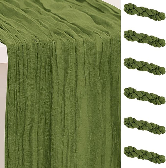 6 Pack Olive Green Cheesecloth Table Runner 35x120 Inch 10Ft Rustic Gauze Cheese Cloth Table Runner Sheer Cheesecloth Table Runners for Wedding Party Bridal Shower Decoration