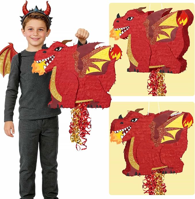 WERNNSAI Red Dragon Piñata - Dino Themed Piñata with Pull String, Stick and Blindfold, Piñata for Dragon Birthday Party Decorations Carnivals Games Supplies Summer Party (16.5"x12.4"x3")